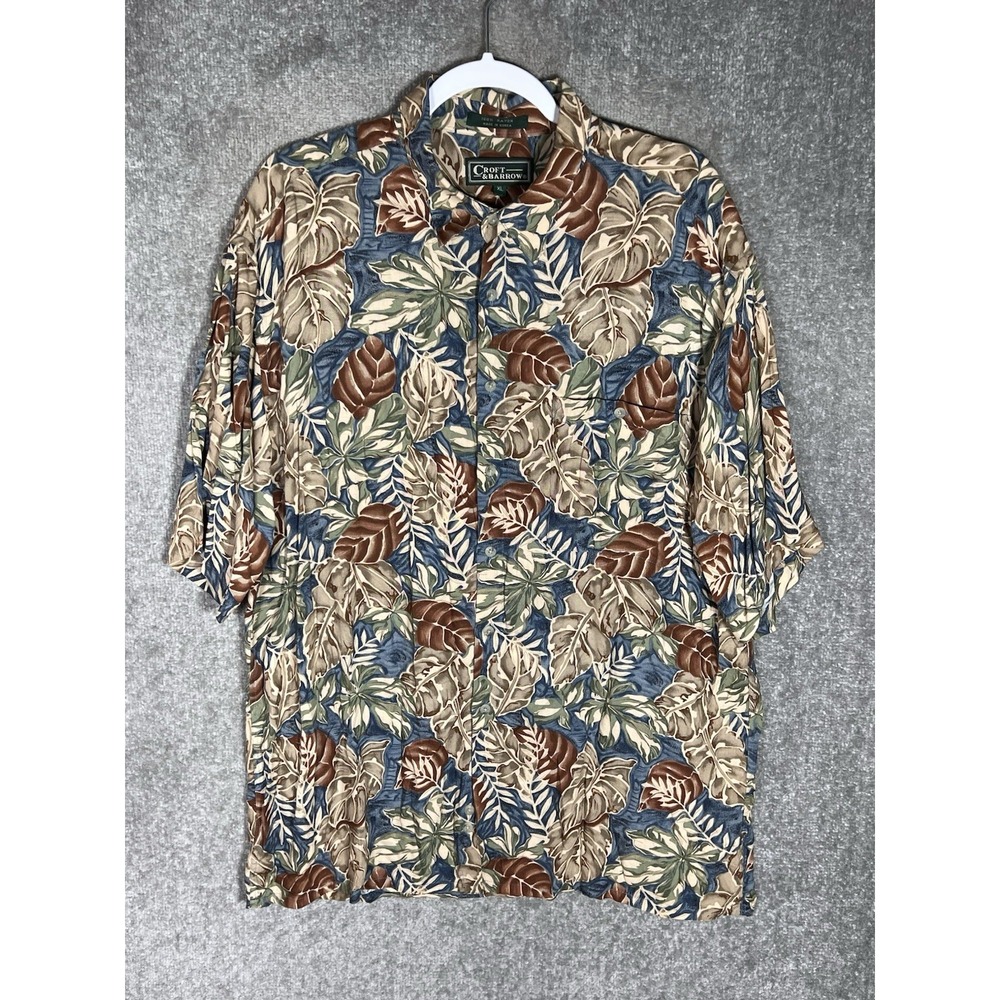 Vintage Croft & Barrow Shirt Men Sz XL Blue Brown Green Hawaiian Leaf Button Up